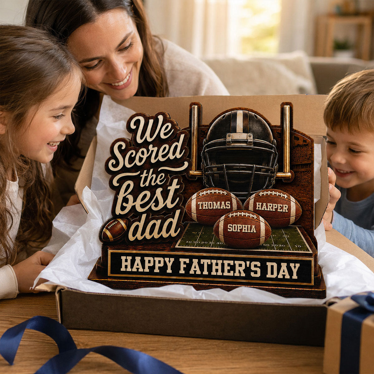 We Scored The Best American Football Dad Custom Name 2D Flat - Personalized 2-Layered Wooden Plaque -  Gift For Football Dad