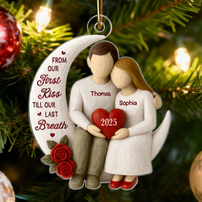 3D Effect Roses Wooden Texture Couple On Moon - Personalized Acrylic Ornament - Christmas Gift For Couple