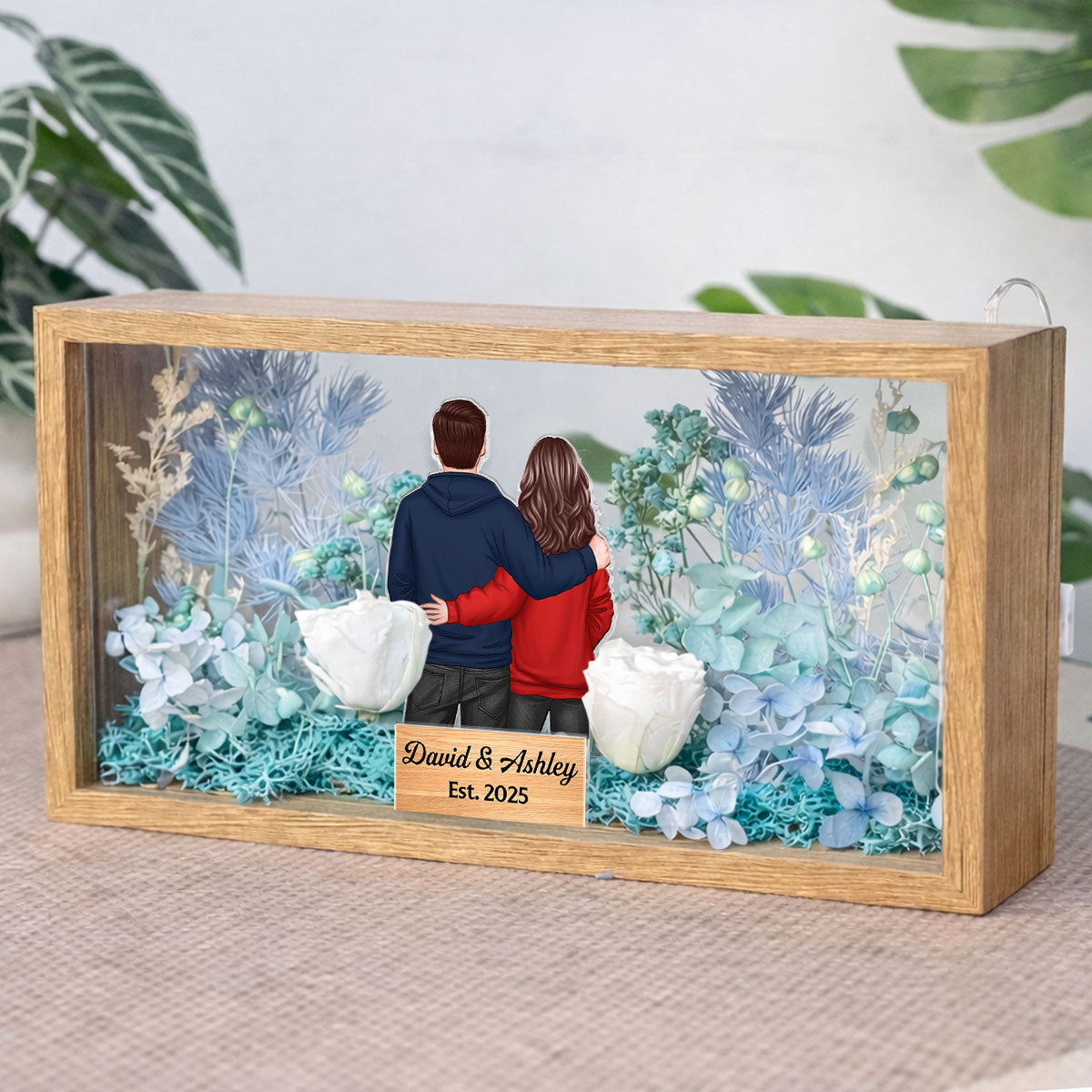 Eternal Love Back View Couple - Personalized DIY Flower Shadow Box LED Night Light - Gift For Couple, For Him, For Her