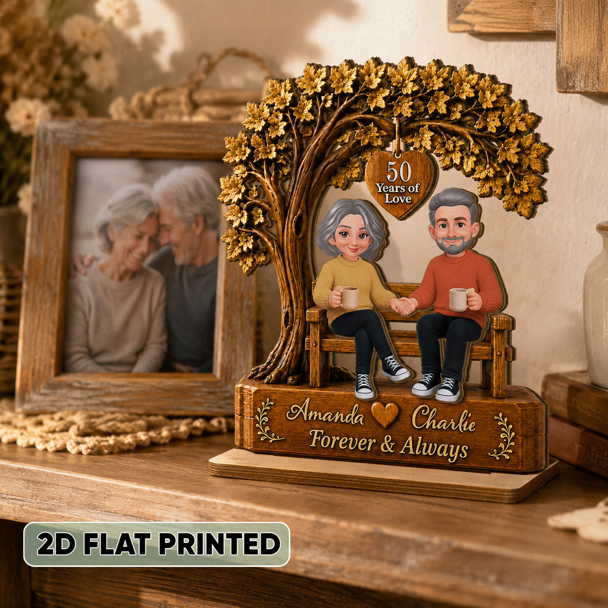Couple Sitting Under Tree - Personalized 2-Layered Wooden Plaque - Golden Couple Keepsake, Anniversary Gift for Her, for Him