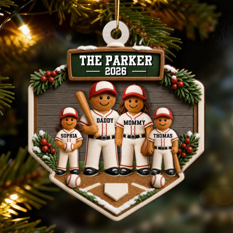 Baseball Gingerbread Family Home Plate 2D Flat - Personalized Wooden Ornament - Sport Lover Christmas Tree Decor, Keepsake