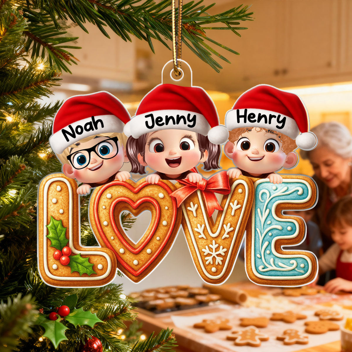 Love My Grandkids Gingerbread Pattern - Personalized Acrylic Ornament - Christmas Gift for Grandma, Grandkids
