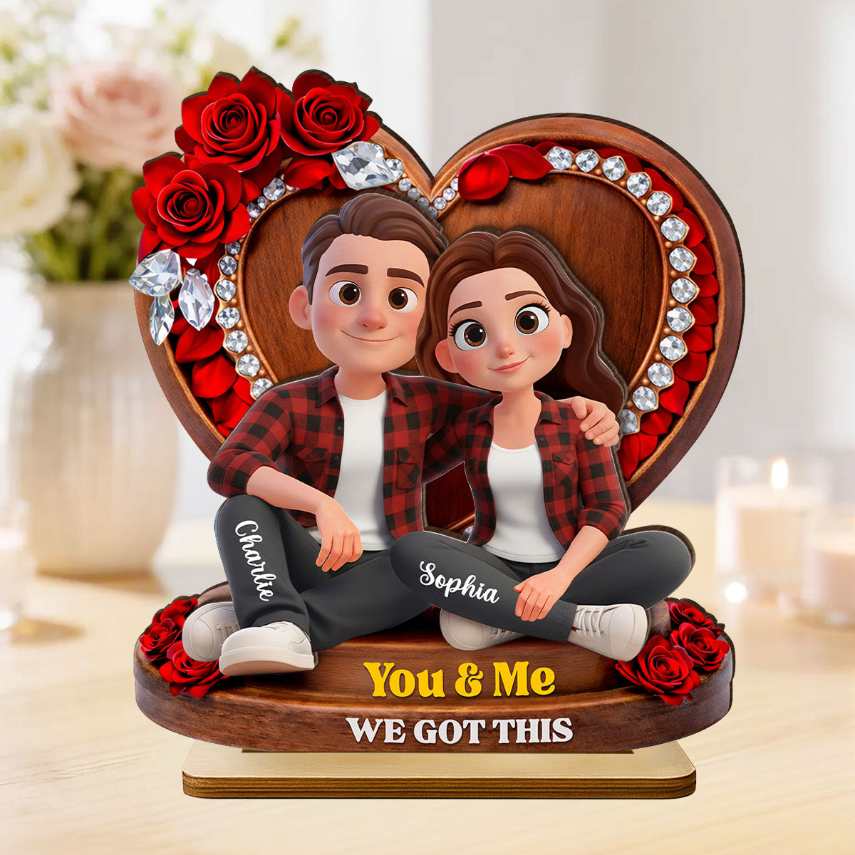Couple Sitting Rose Heart - Personalized 2-Layered Wooden Plaque - Heartfelt Valentine's Day Gift for Her, for Him