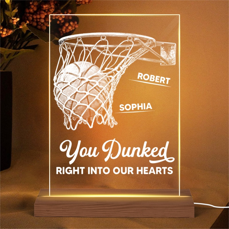 We Dunked Right Into Our Heart - Personalized Acrylic Plaque LED Night Light - Father's Day Gift For Basketball Dad