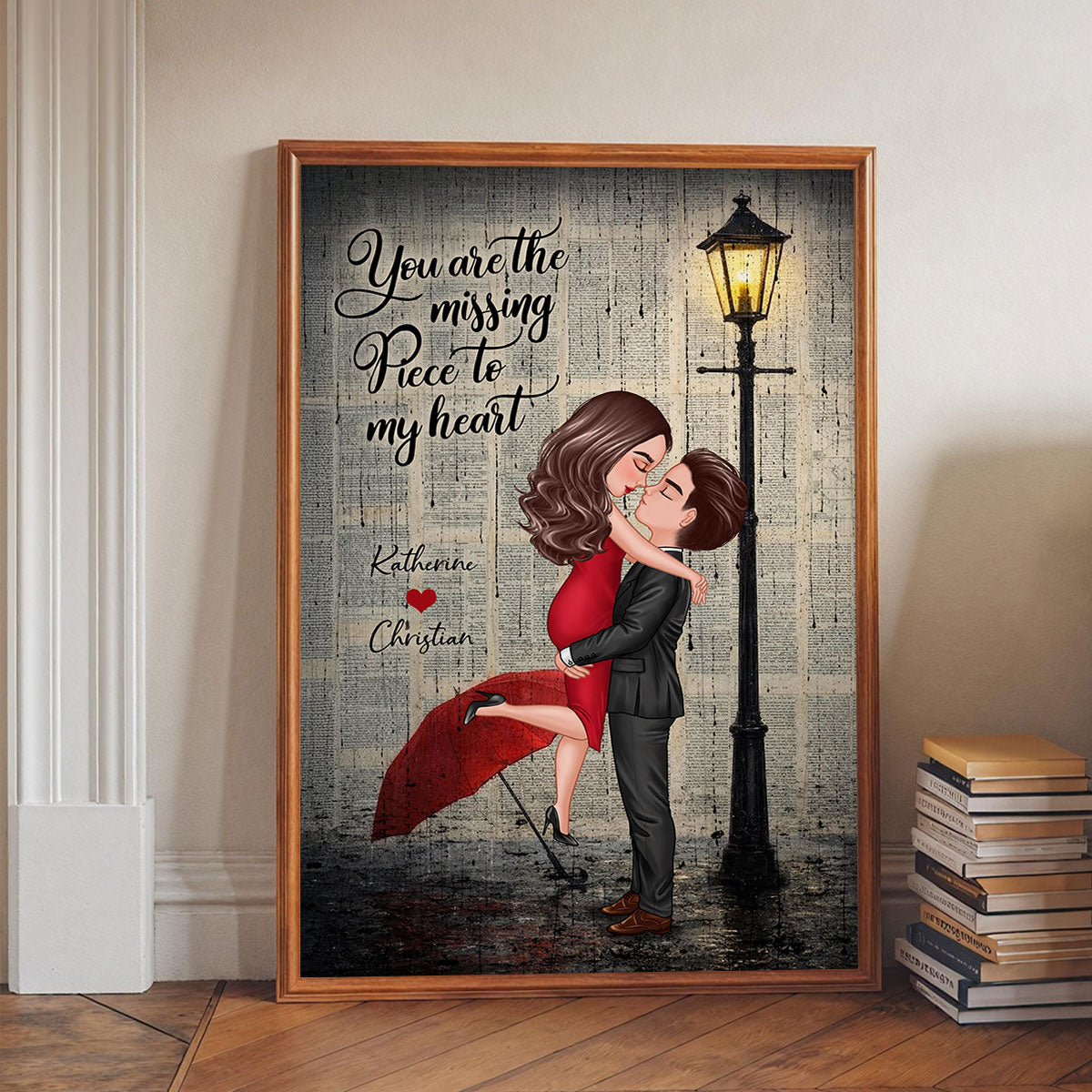 Vintage Newspaper Couple Hugging Kissing Under Lamp Post - Personalized Poster