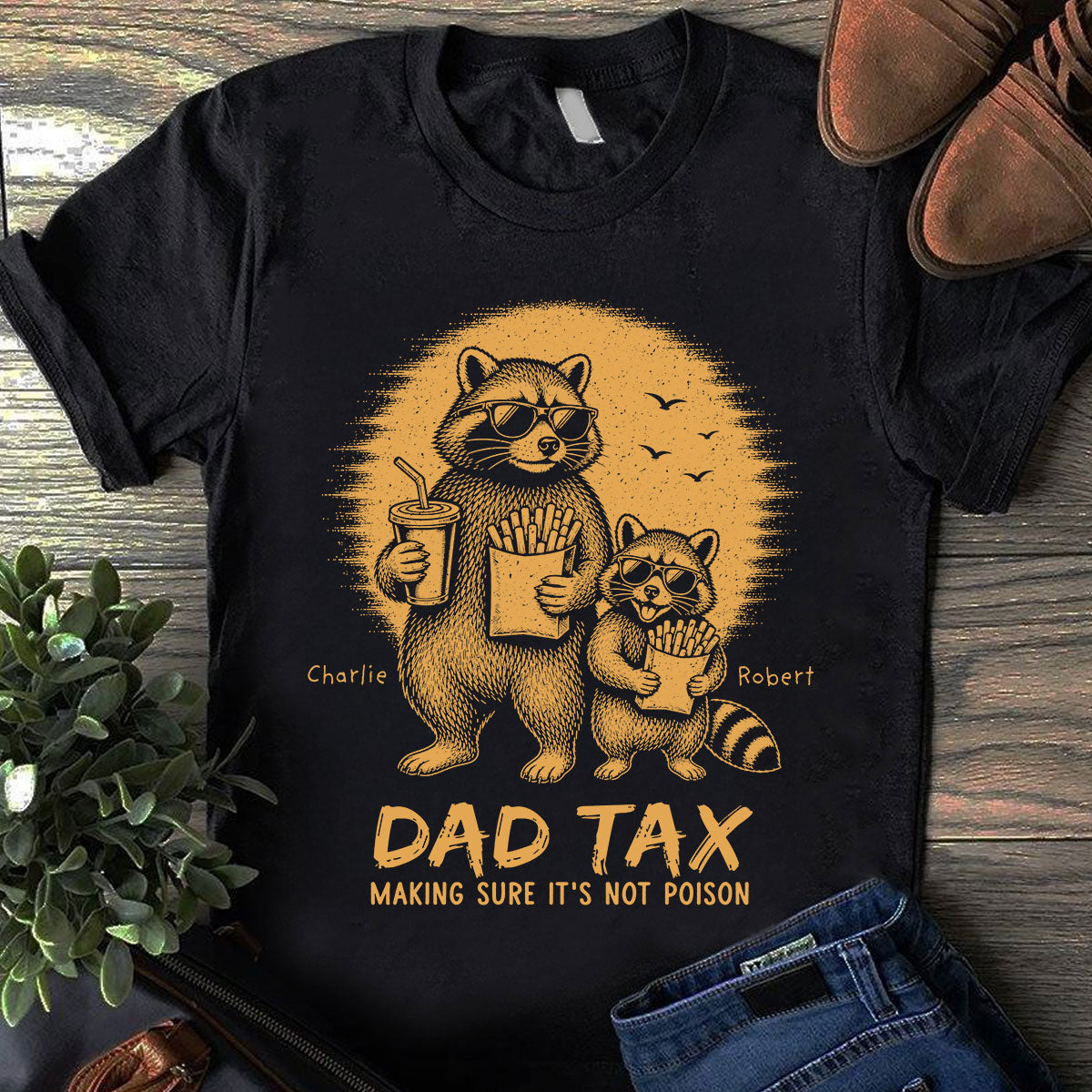 Retro Yellow Vintage Raccoon Dad Tax - Personalized Shirt - Funny Father's Day Gift For Dad, Husband