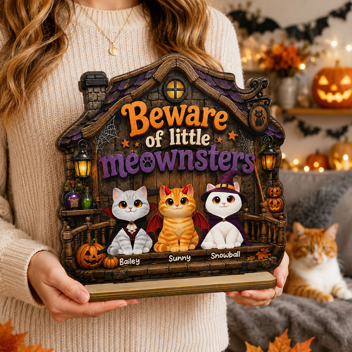 Spooky Halloween Beware of Little Meownsters Cats - Personalized 2-Layered Wooden Plaque - Halloween Gift For Cat Lovers, Halloween Decor