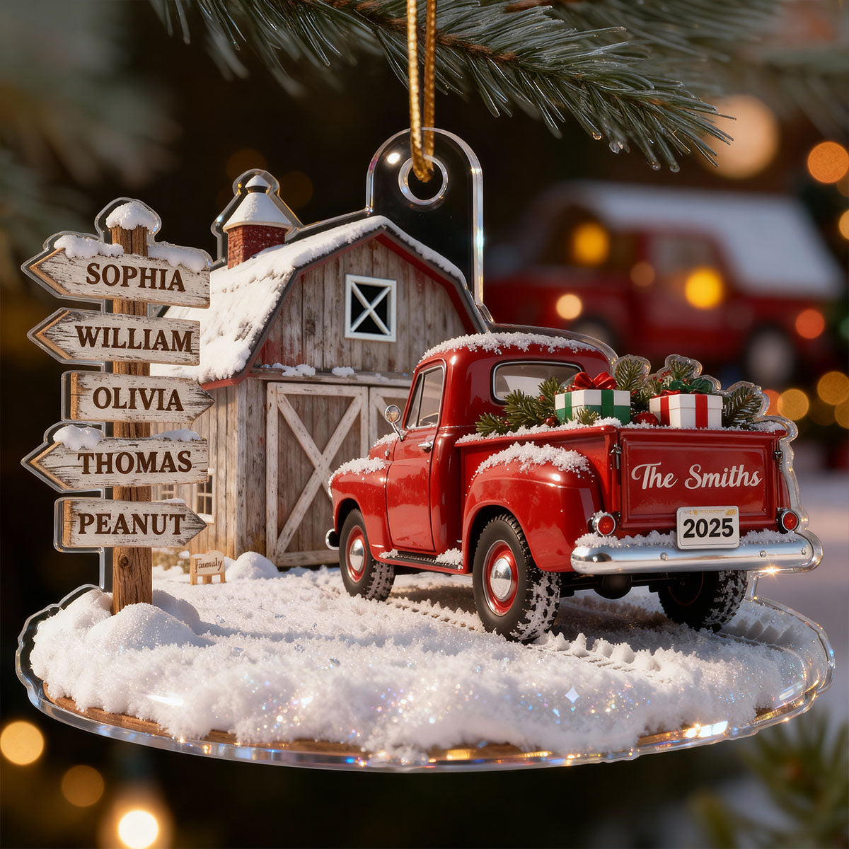3D Effect Nostalgia Christmas Truck Barn House Family Sign Posts Custom Names - Personalized Acrylic Ornament - Gift For Family, Farmhouse Decor