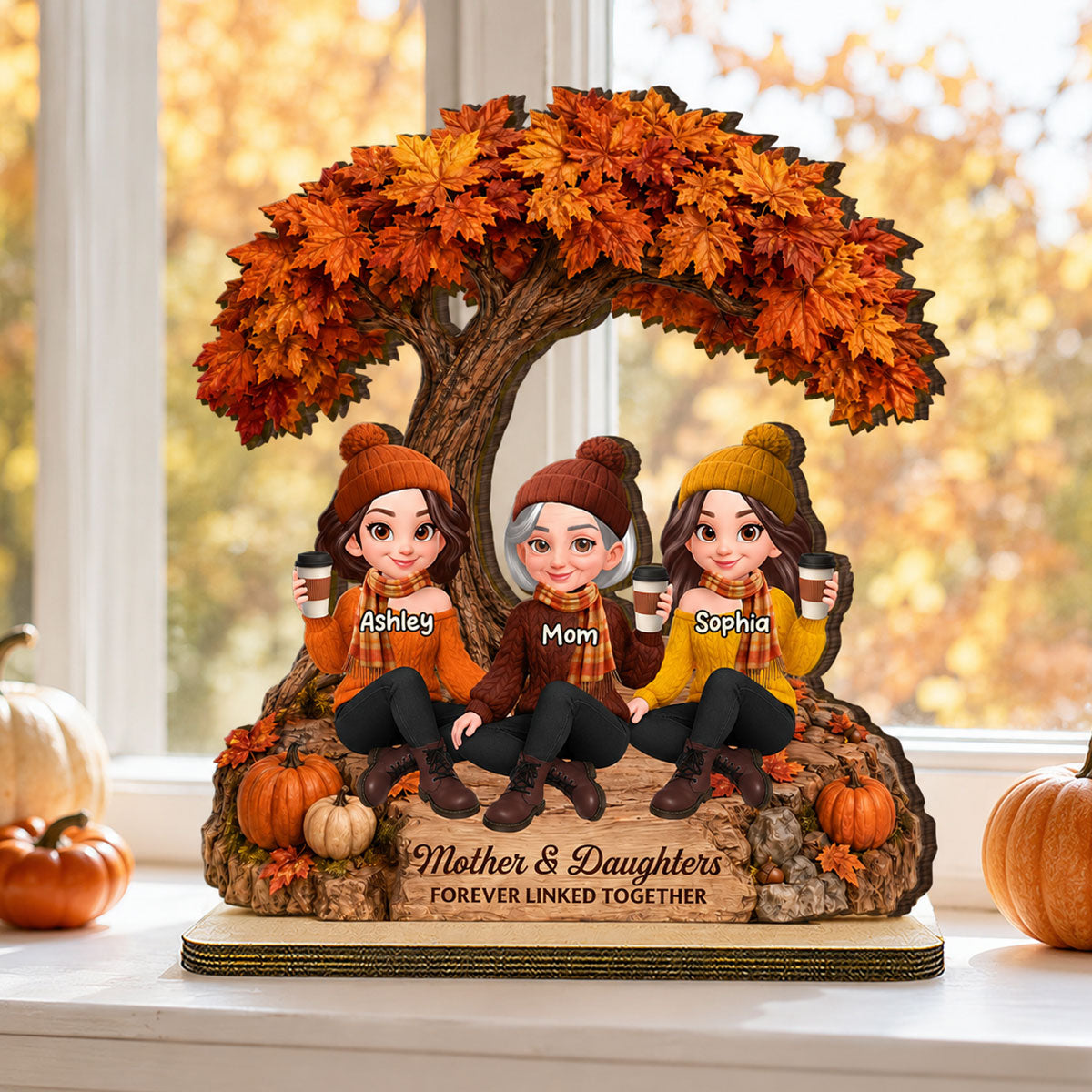 Cozy Warm Fall Season Mom And Daughters - Personalized 2-Layered Wooden Plaque - Fall Gift For Mom, Daughters
