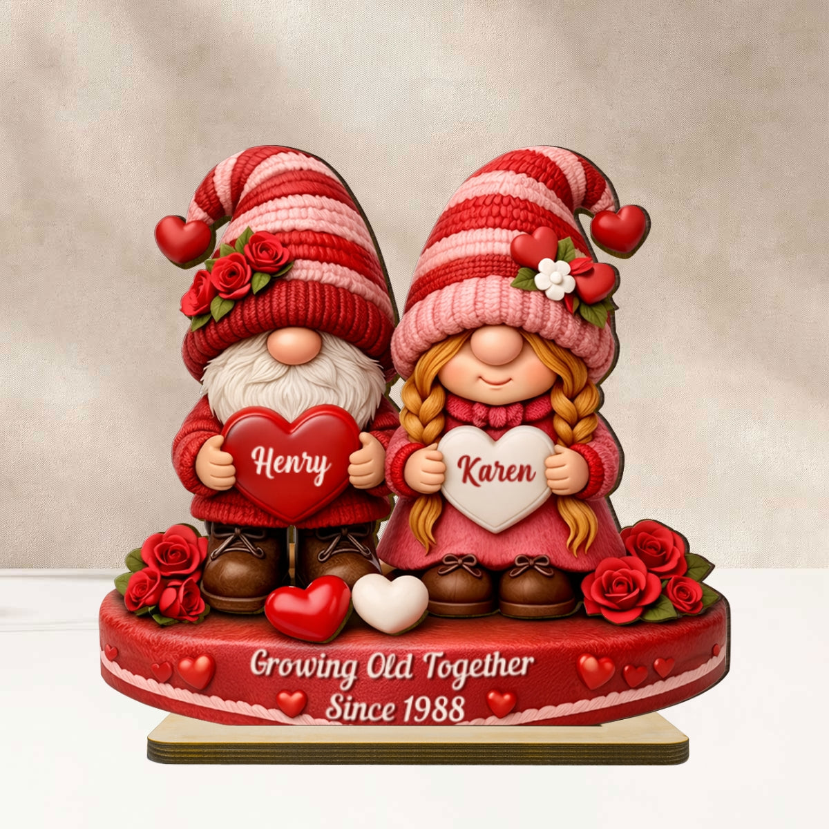 Romantic Gnome Couple - Personalized Standing Wooden Plaque - Gift for Couple