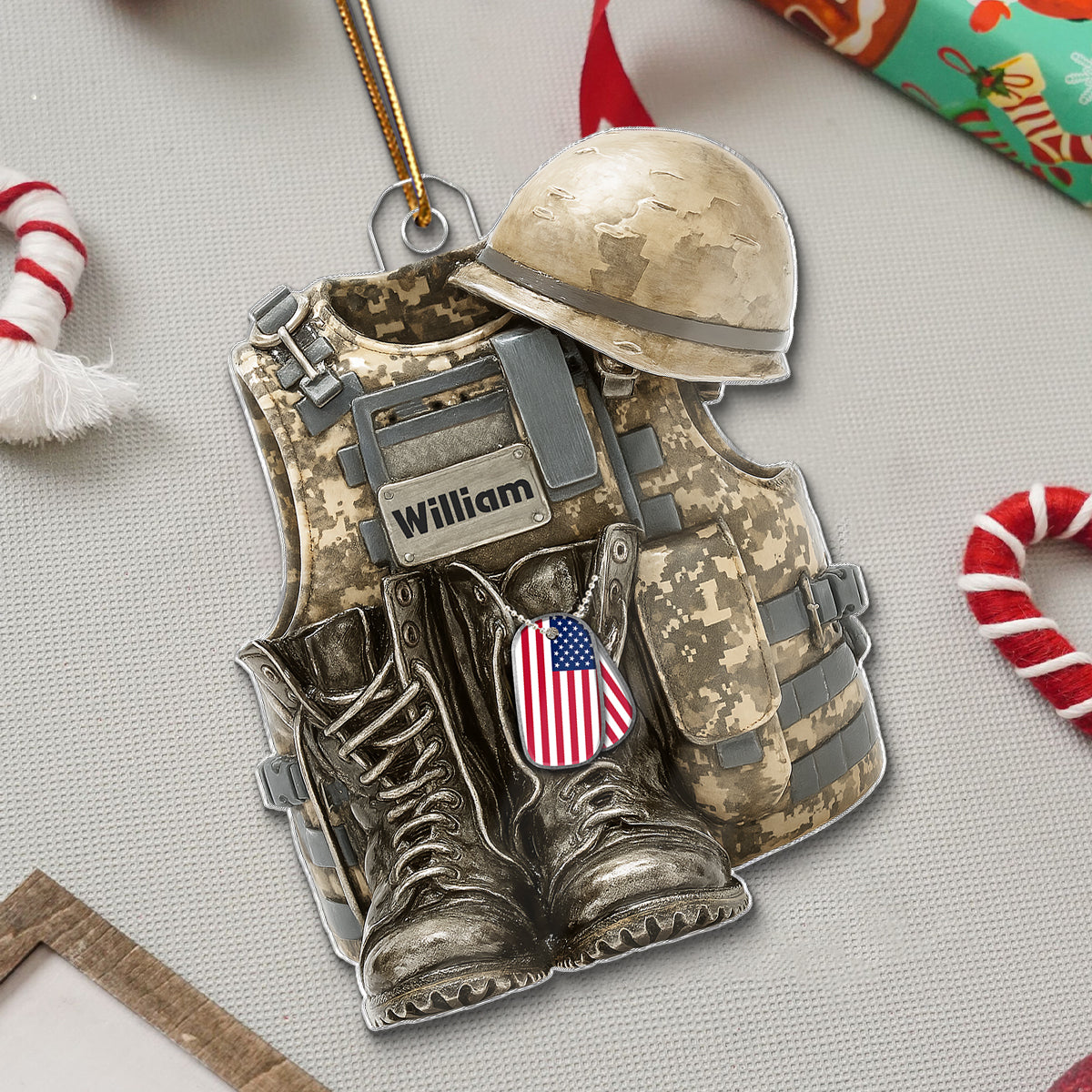 3D Effect Military Combat Vest, Boots And Helmet - Personalized Acrylic Ornament