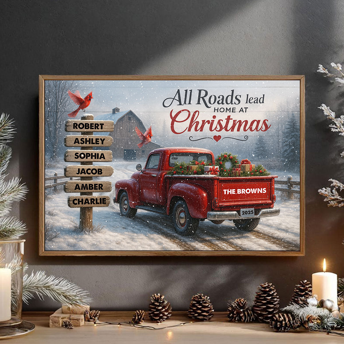 All Roads Lead Home at Christmas - Personalized Poster - Family Christmas Sign with Names, Christmas Home Decor