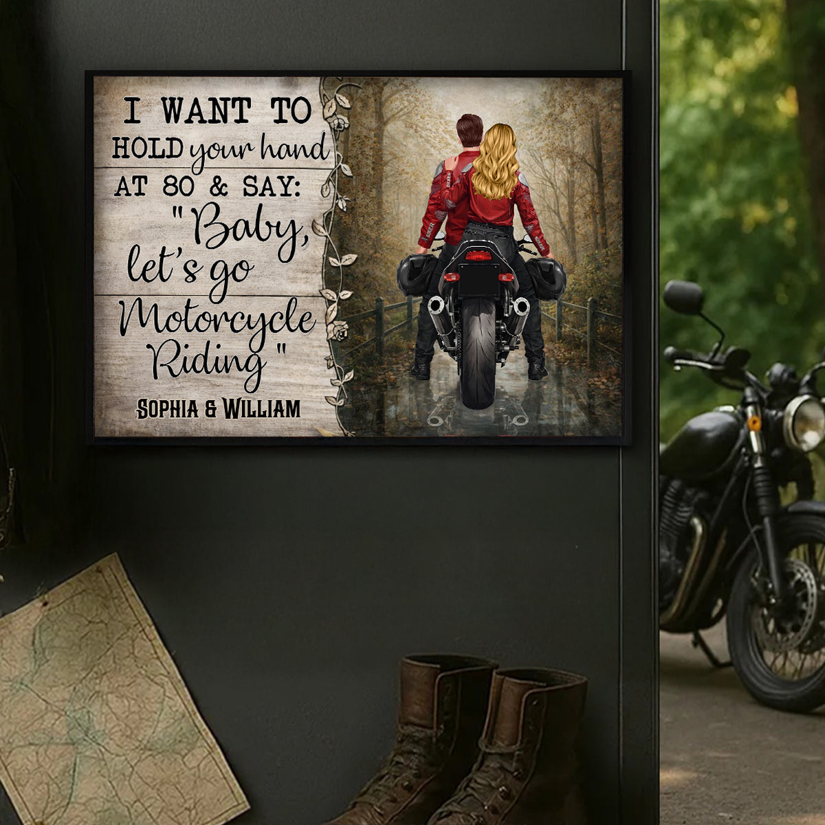 Hold Your Hand at 80s and Go Motorcyle Riding Biker Couples - Personalized Poster - Anniversary Gift for him, for her