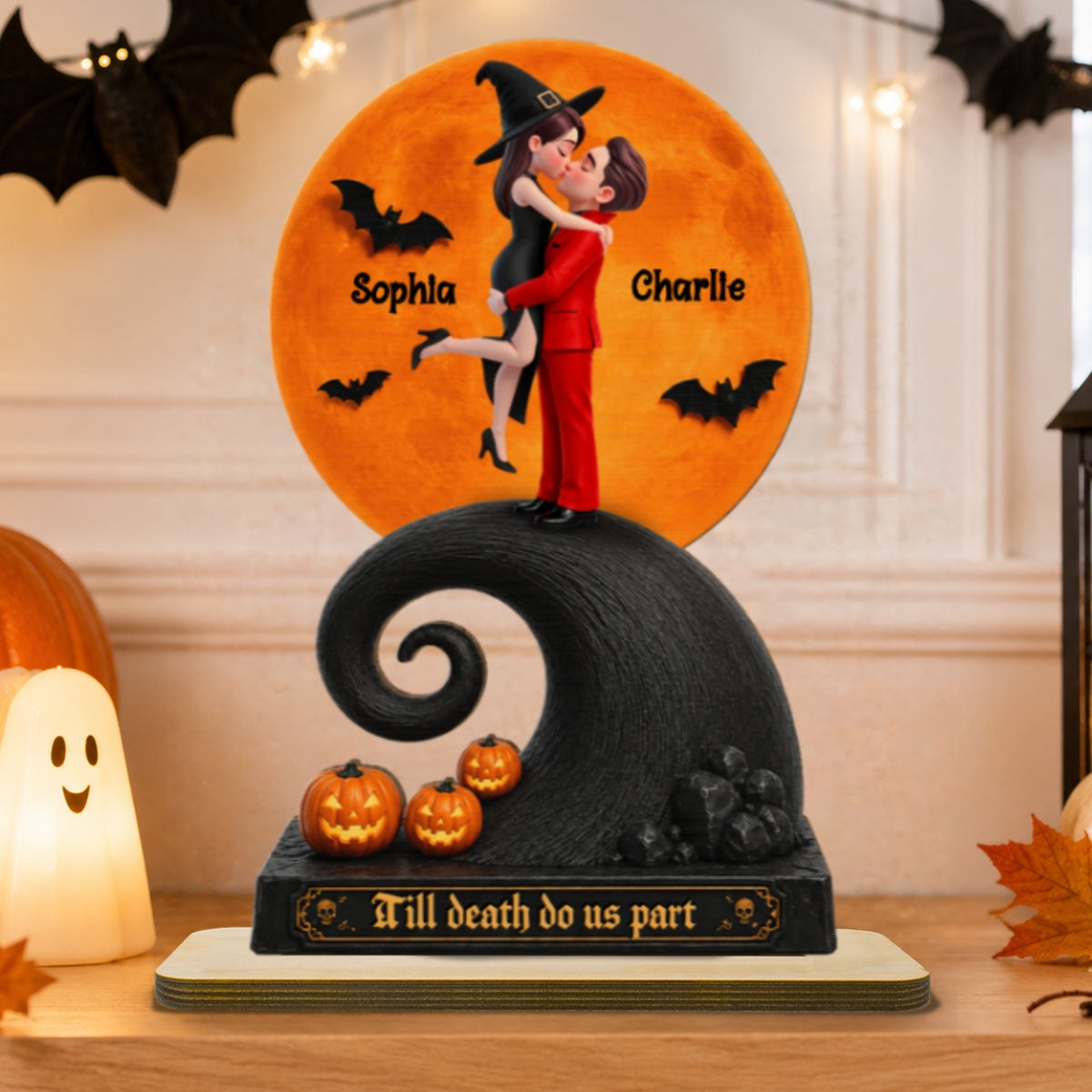 Our Love Beneath The Halloween Moon - Personalized 2-Layered Wooden Plaque - Halloween Gift For Couple