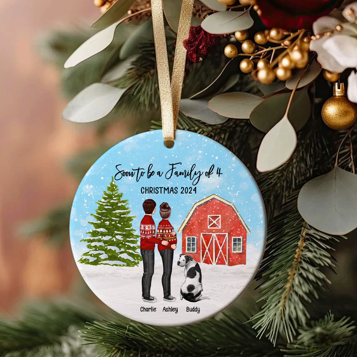 Family Pregnancy Christmas Ornament, Expecting Pregnancy announcement, Red Barn, Personalized Circle Ceramic Ornament