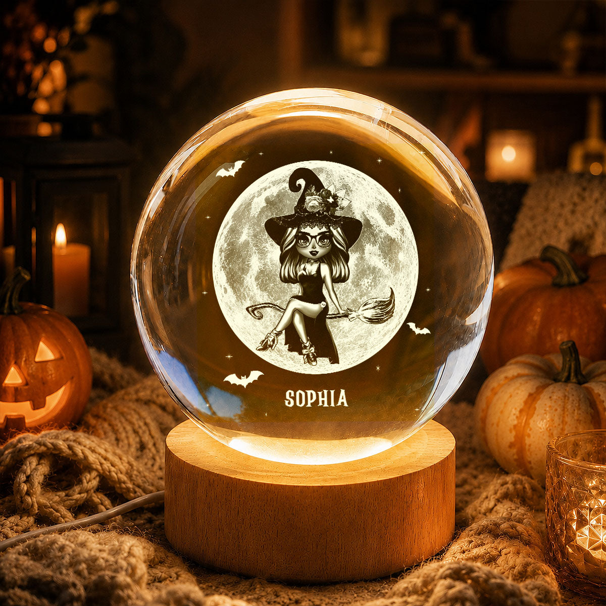 Witch On Broom Under Moon - Personalized Crystal Ball Night Light - Halloween Decor, Wicca Pagan Decor For Witches