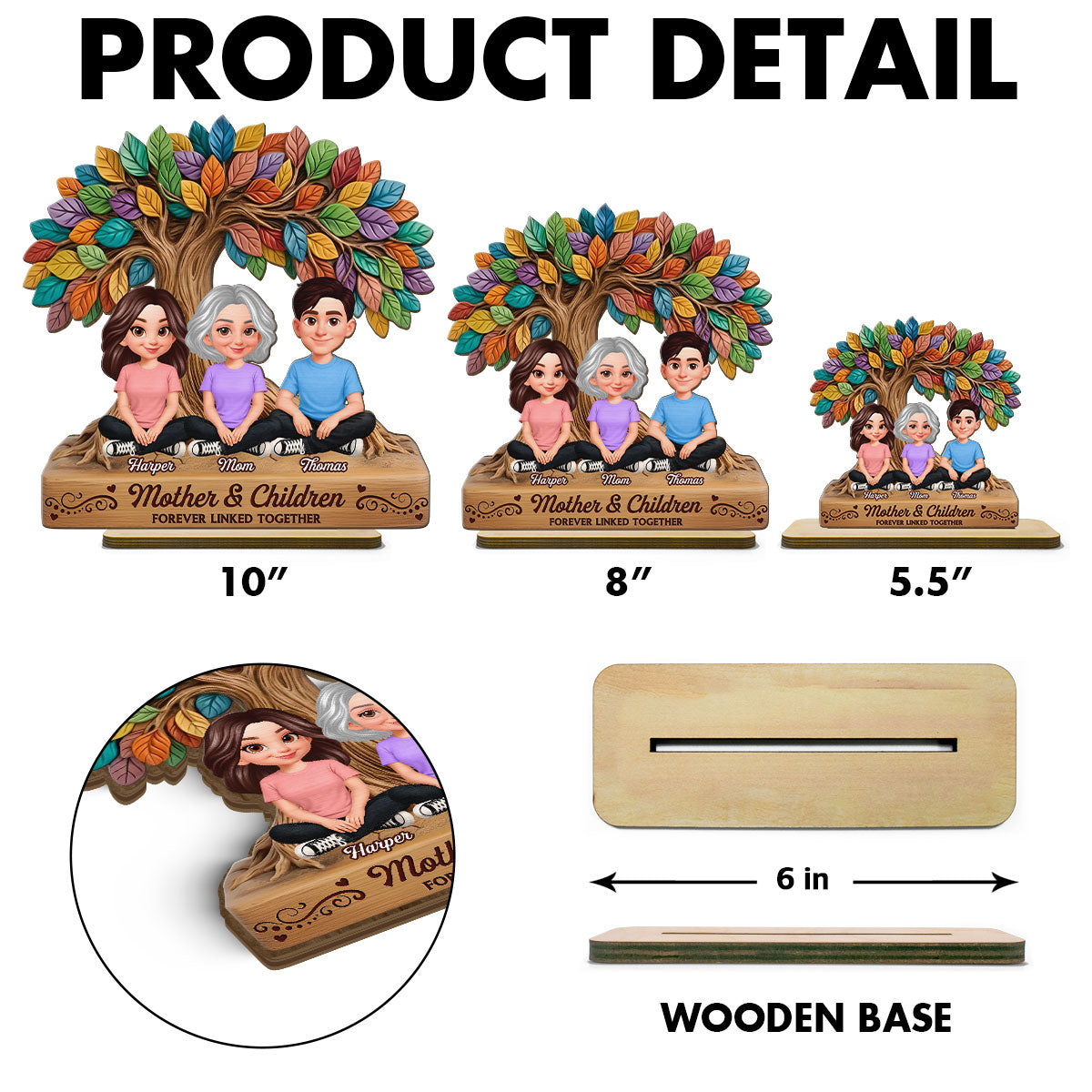 Mom And Son Daughter Under Colorful Tree Of Life - Personalized 2-Layered Wooden Plaque - Gift For Mom