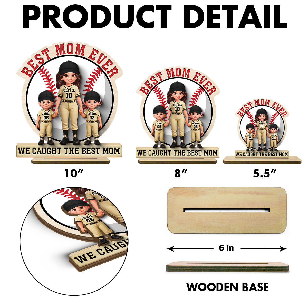 Best Mom Ever Baseball Mom & Kids - Personalized 2-Layered Wooden Plaque - Mother's Day Gift For Mom