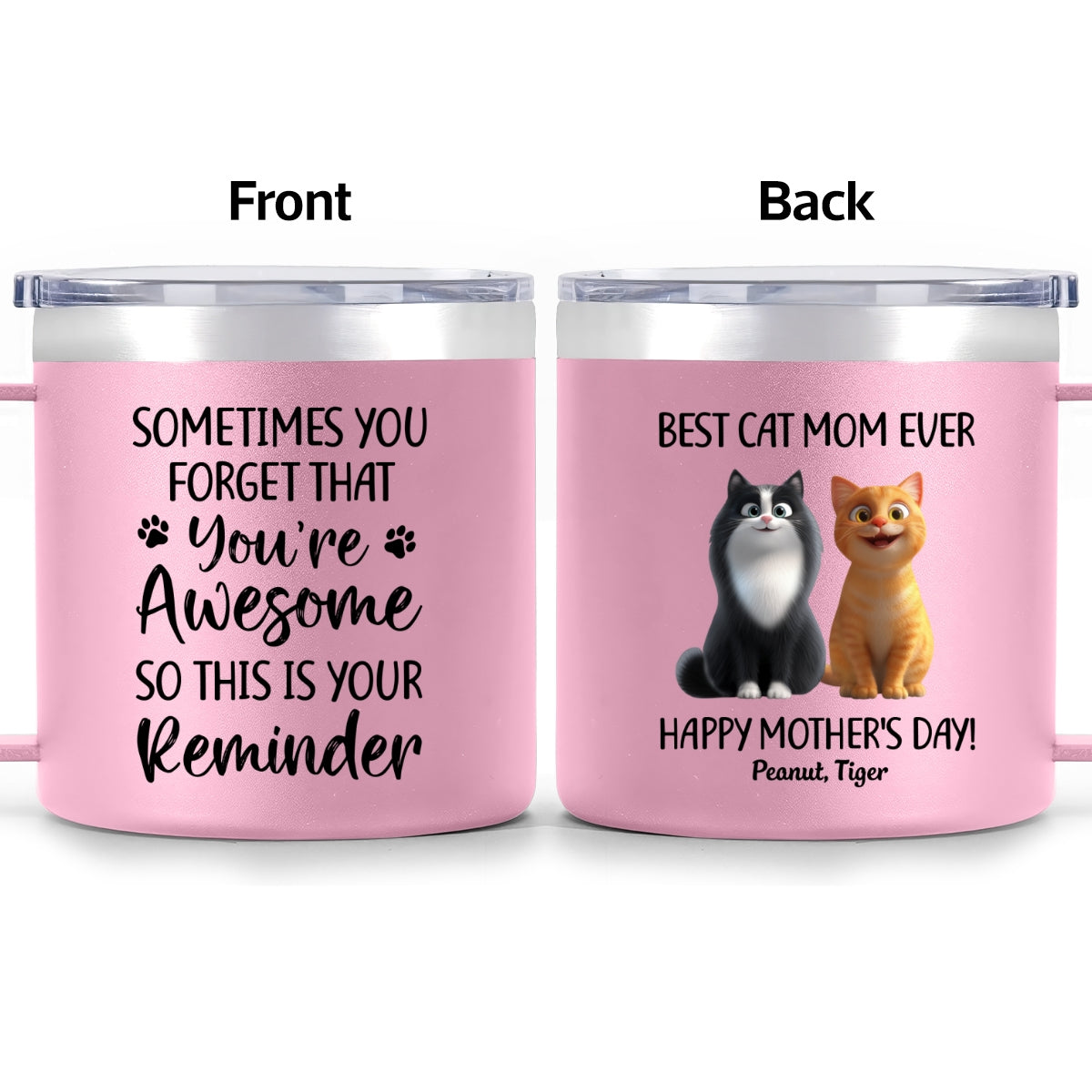 Sometimes You Forget That You're Awesome Cat Mom - Personalized Stainless Steel Tumbler with Handle - Mother's Day Gift For Cat Lovers