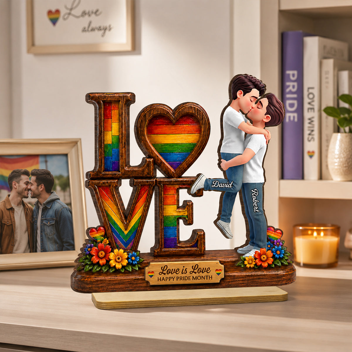 Pride Month Romantic Kissing Couple - Personalized 2-Layered Wooden Plaque - Gift For Couple, Happy Pride Month