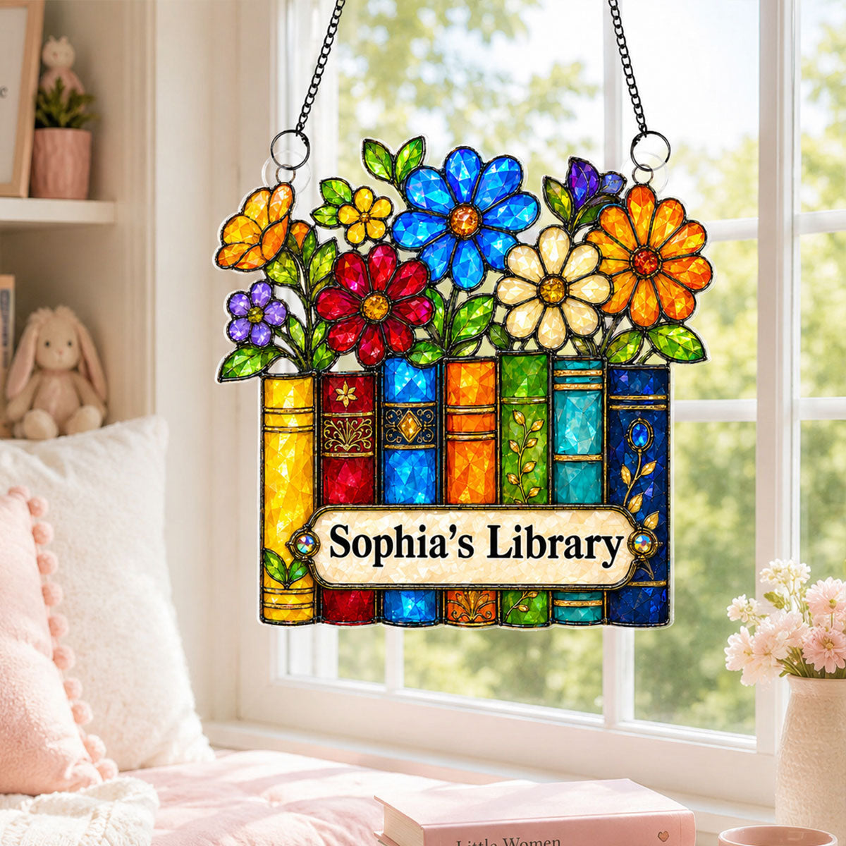 Floral Library Books - Personalized Acrylic Window Hanging - Book Lover Gifts for Women, Girl