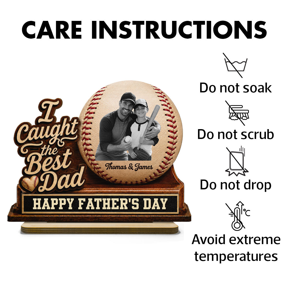 We Caught The Best Dad Custom Photo 2D Flat Printed - Personalized 2-Layered Wooden Plaque - Happy  For Baseball Dad