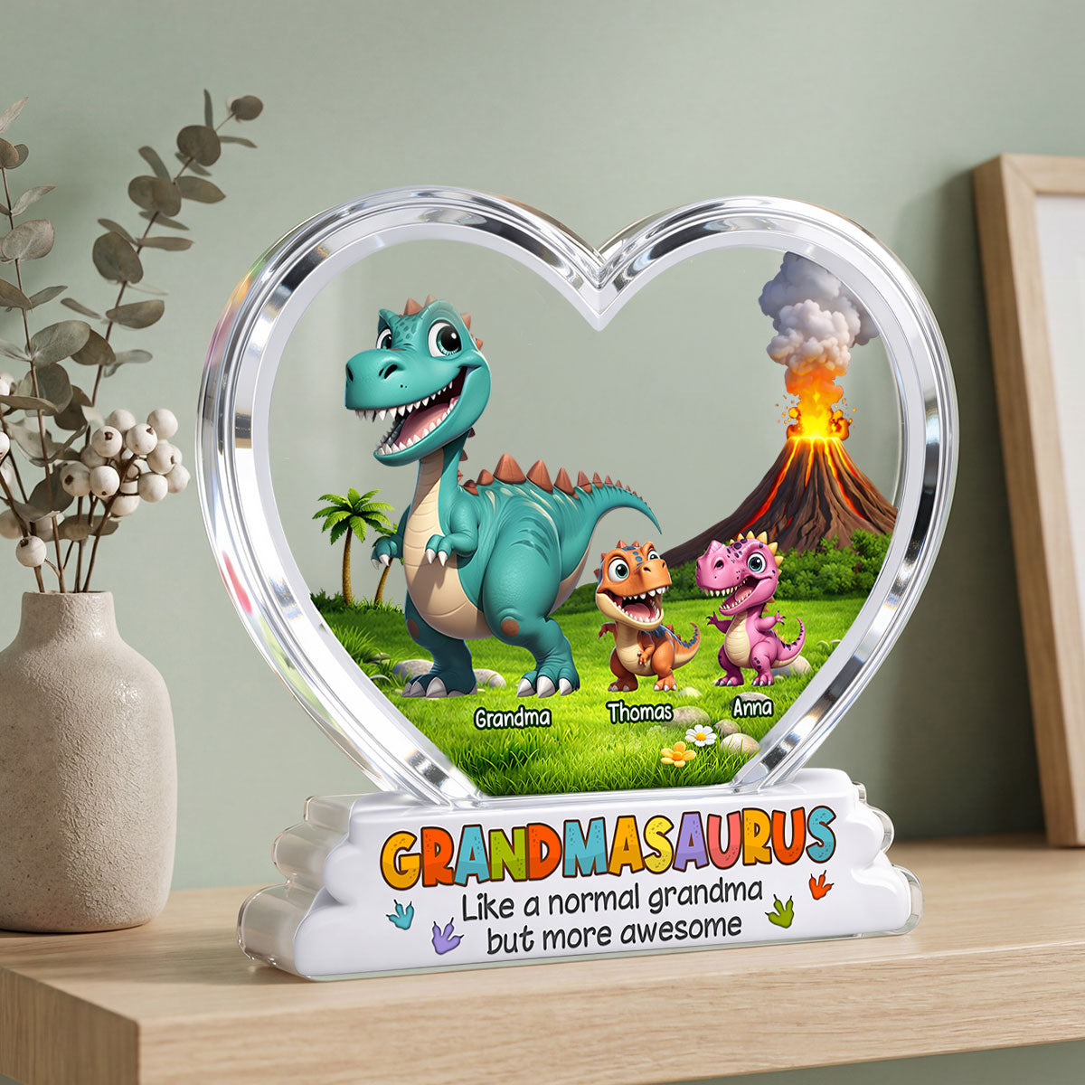 Grandmasaurus And Kids Cartoon Dinosaurs - Personalized Acrylic Block Plaque - Mother's Day Gift For Grandma