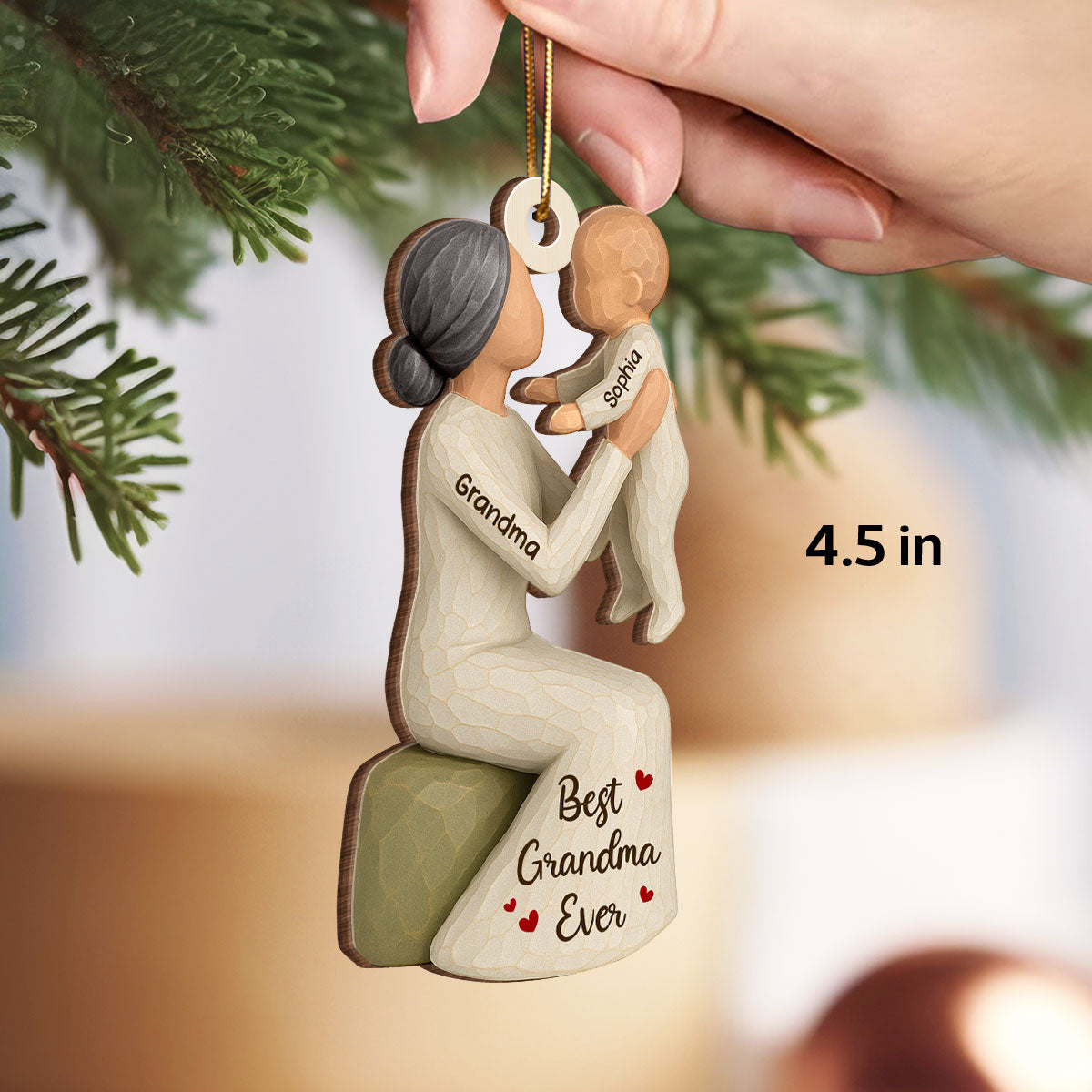 3D Effect Grandma Holding Grandkid - Personalized Wooden Ornament - Unique Christmas Gift for Grandma