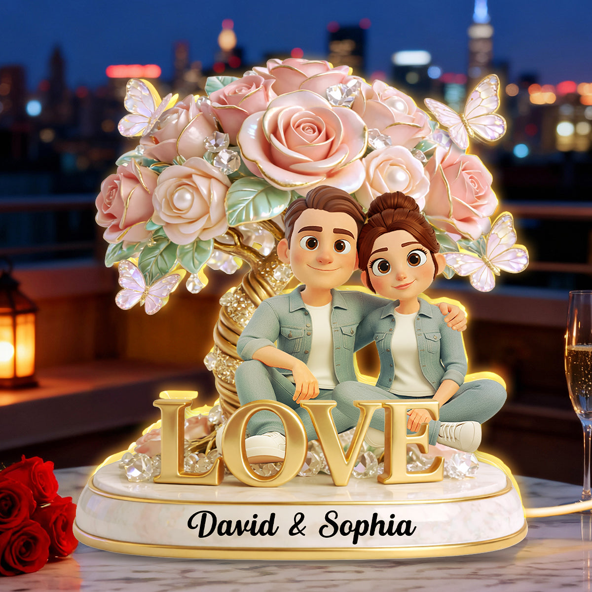 Pink Rose Couple Sitting on LOVE - Personalized Light Box - Heartfelt Valentine's Day Gift for Her, for Him