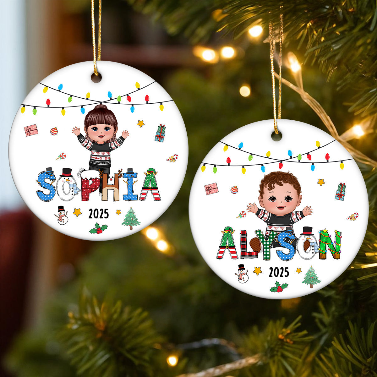 Christmas Theme Cute Doll Kid Name - Personalized Ceramic Ornament - Gift For Grandchildren, Boy, Girl