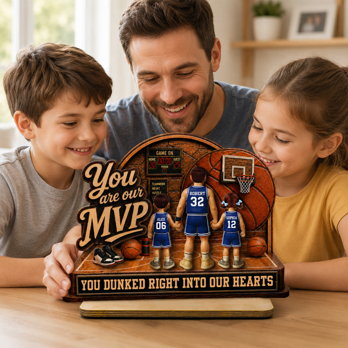 You Are Our MVP Standing Basketball Man & Kids 2D Flat - Personalized 2-Layered Wooden Plaque -  Gift For Basketball Dad