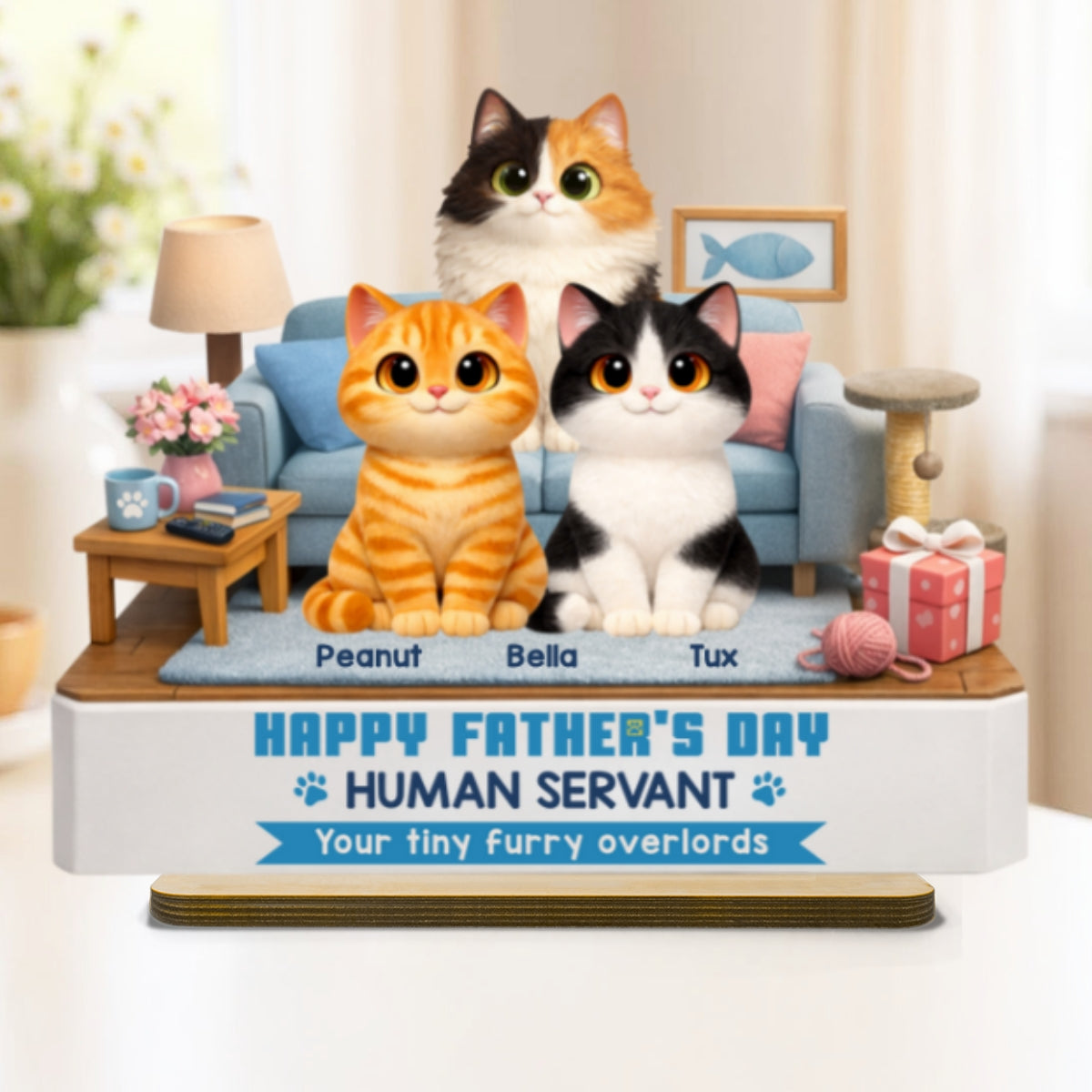 Cat Dad Cute Fluffy Cats Happy  Human Servant - Personalized 2-Layered Wooden Plaque - Funny  Gift For Cat Dad, Cat Lovers