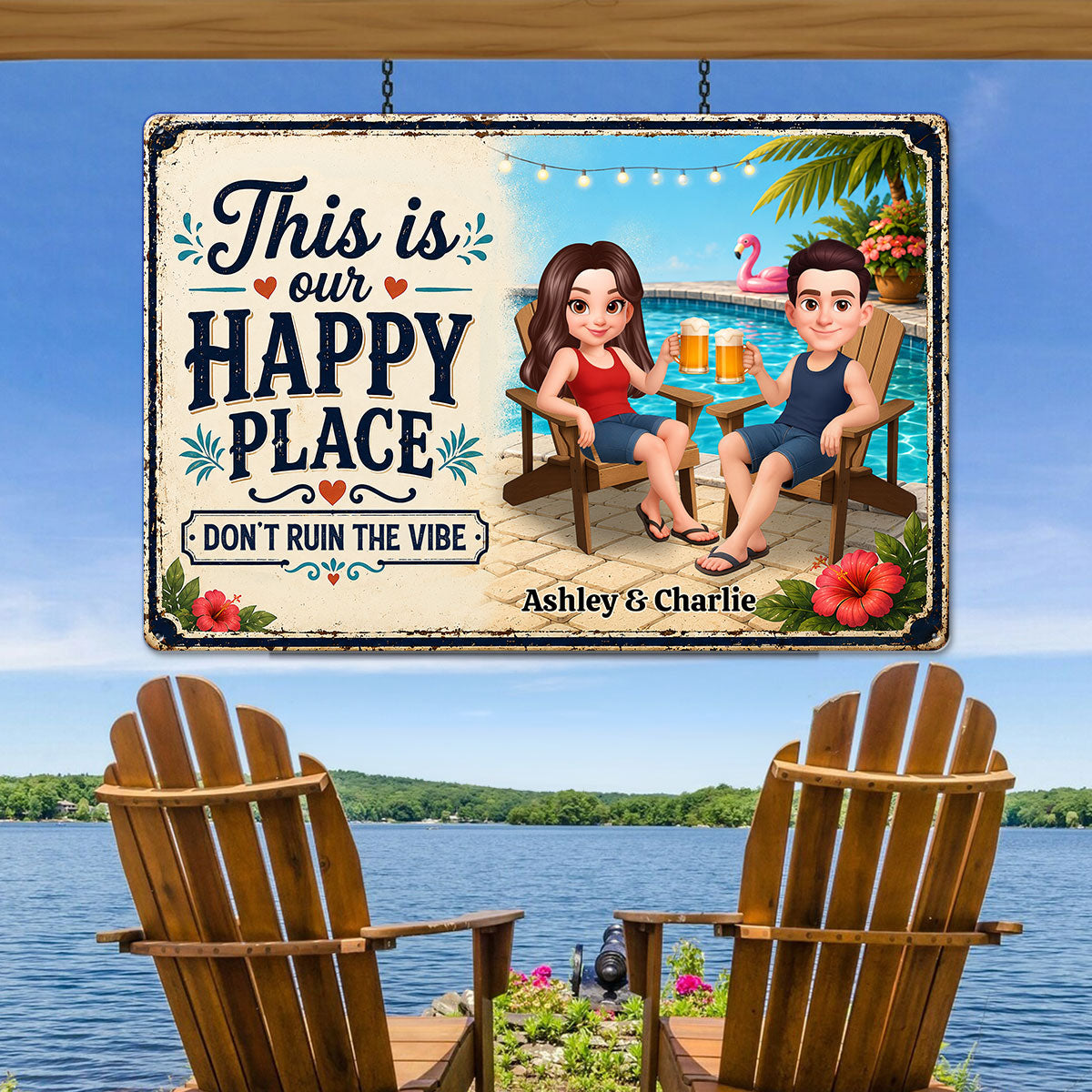 Welcome to Our Happy Place Swimming Pool - Personalized Metal Sign - Summer Decor for Couples