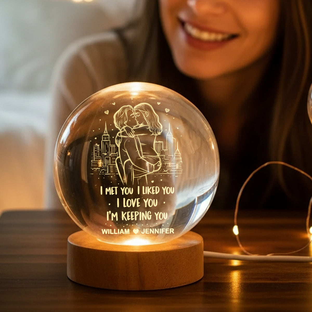 I Met You I Liked You I'm Keeping You - Personalized Crystal Ball LED Night Light - Heartfelt Valentine's Day Gift for Her, for Him