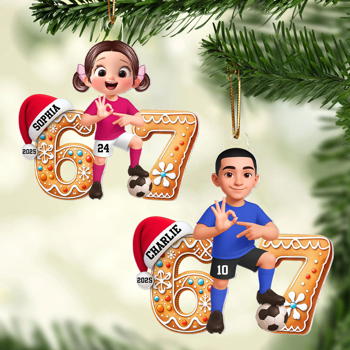 Soccer Boy Girl Christmas Pattern Custom Six Seven 67 - Personalized Acrylic Ornament - Teen Slang Funny Tree Decor, Funny Teen Grandkid Gift