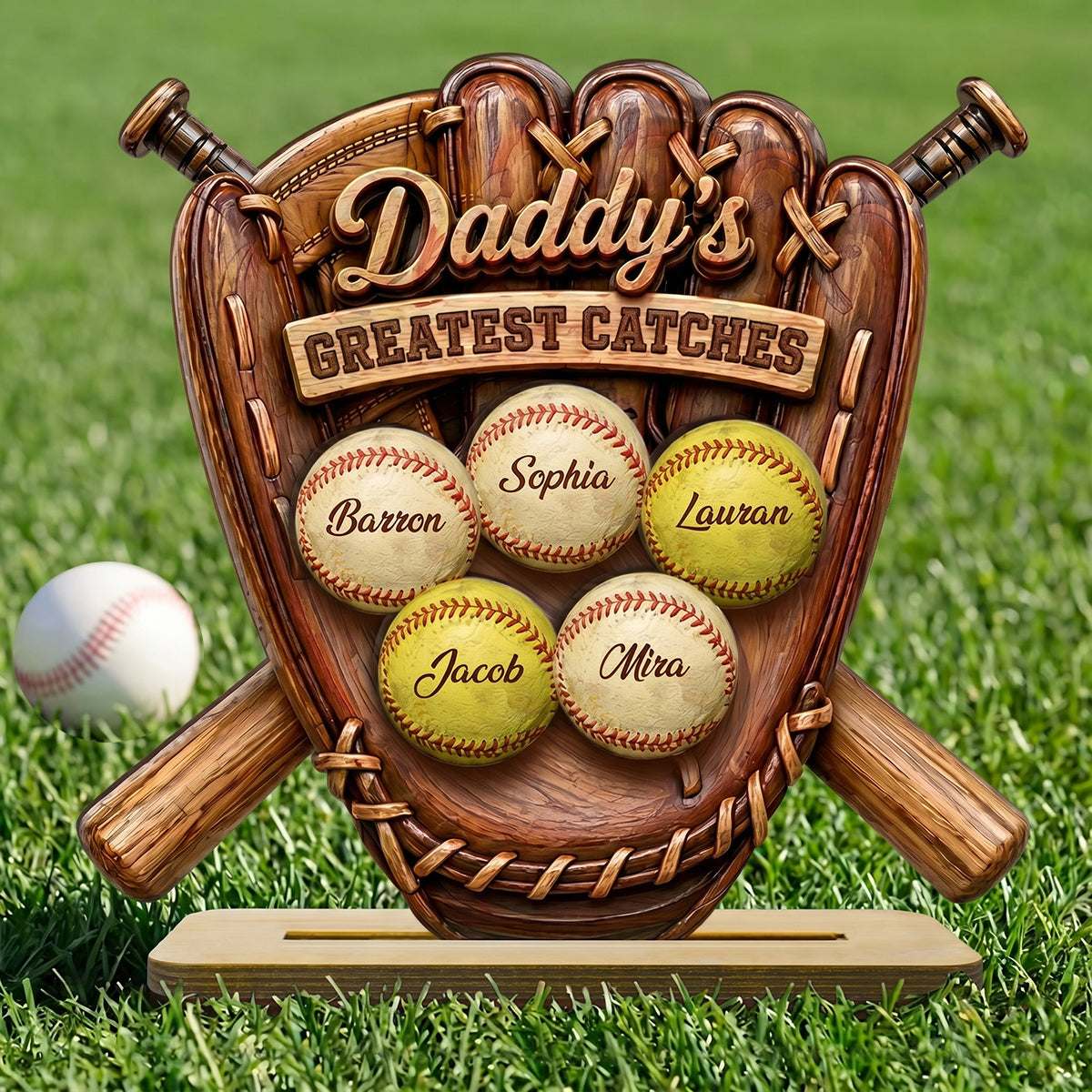 Daddy's Greatest Catches Baseball Softball - Personalized 2-Layered Wooden Plaque -  Gift for Husband, Dad