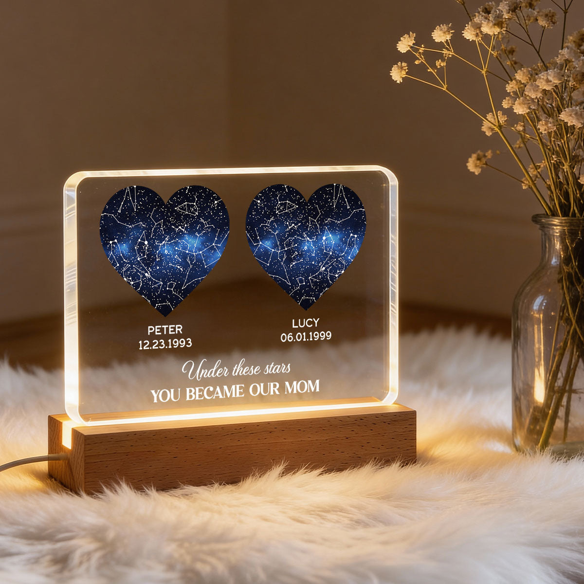 Under These Stars You Became My Mom, Custom Star Map by Date - Personalized Acrylic Block LED Night Light - Heartfelt Gift for Mom