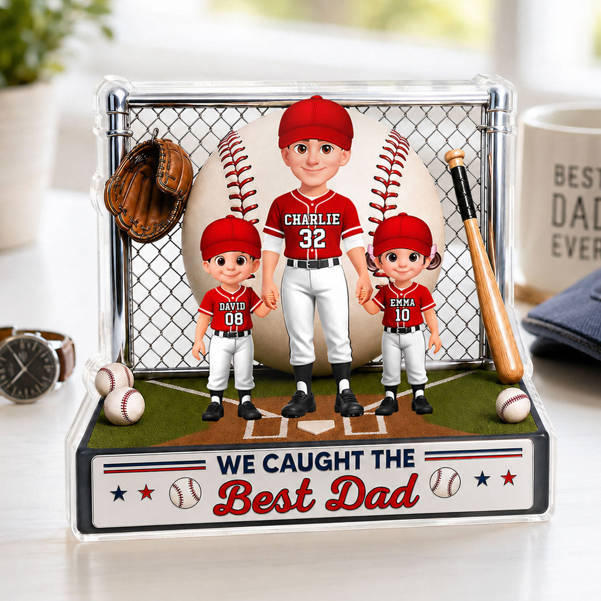 Baseball Dad And Kids We Caught The Best Dad - Personalized Acrylic Block Plaque -  Gift For Dad, Husband