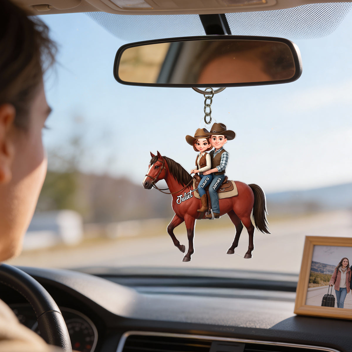 3D Effect Couple And Their Horse - Personalized Acrylic Car Hanger - Valentine's Gift For Couple, For Horse Lovers