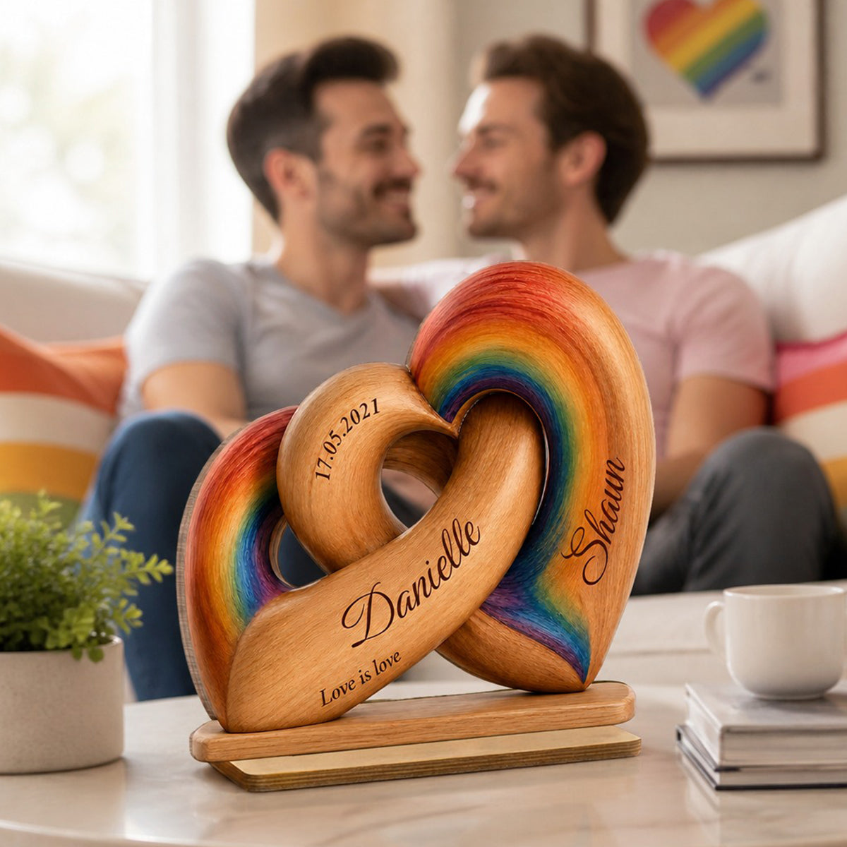 Interlocked Hearts Love is Love LGBT Couple - Personalized 2-Layered Wooden Plaque - Gift for Him, for Her