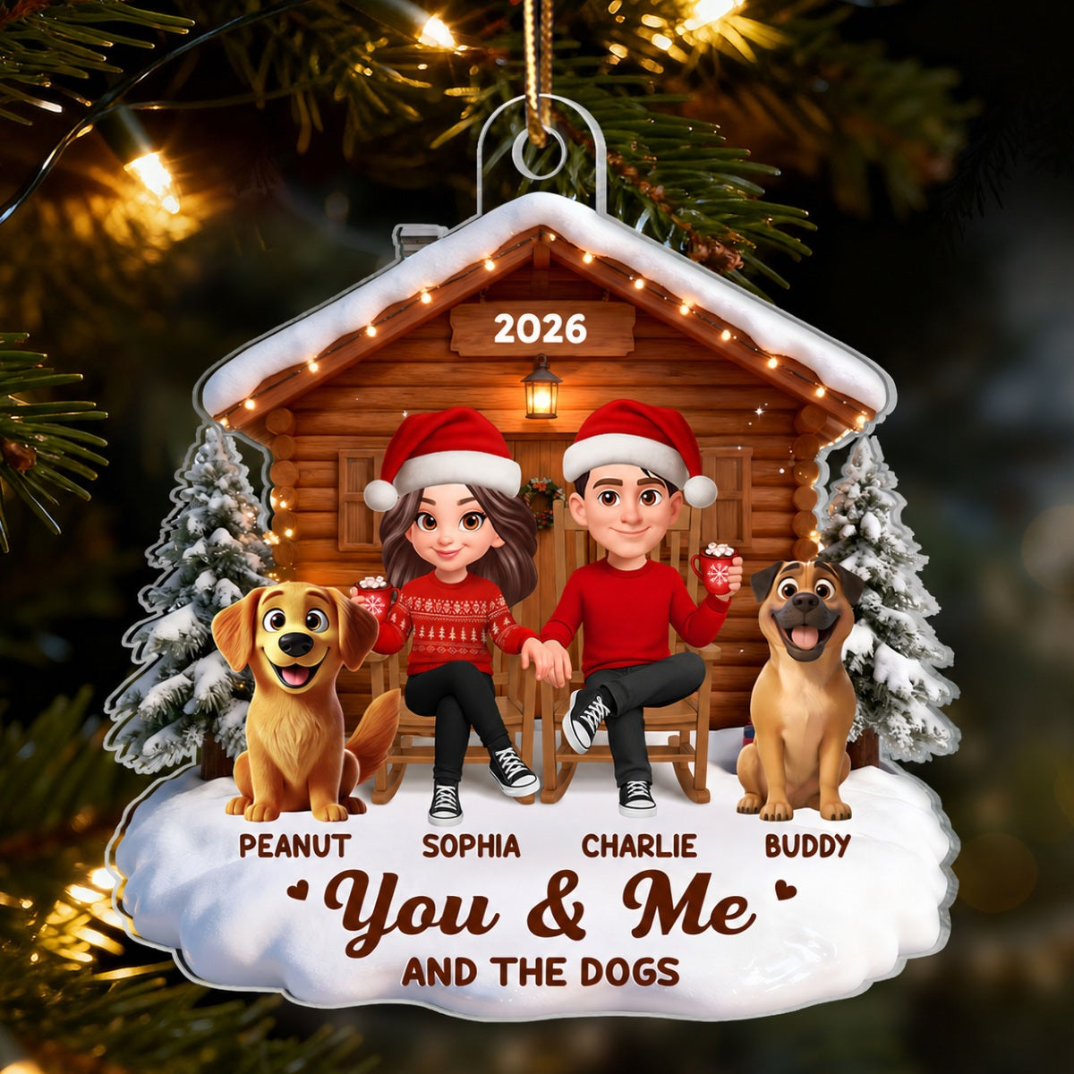 3D Effect Christmas Couple And Dog Cat Wooden Cabin - Personalized Acrylic Ornament - Heartfelt Gift For Couple