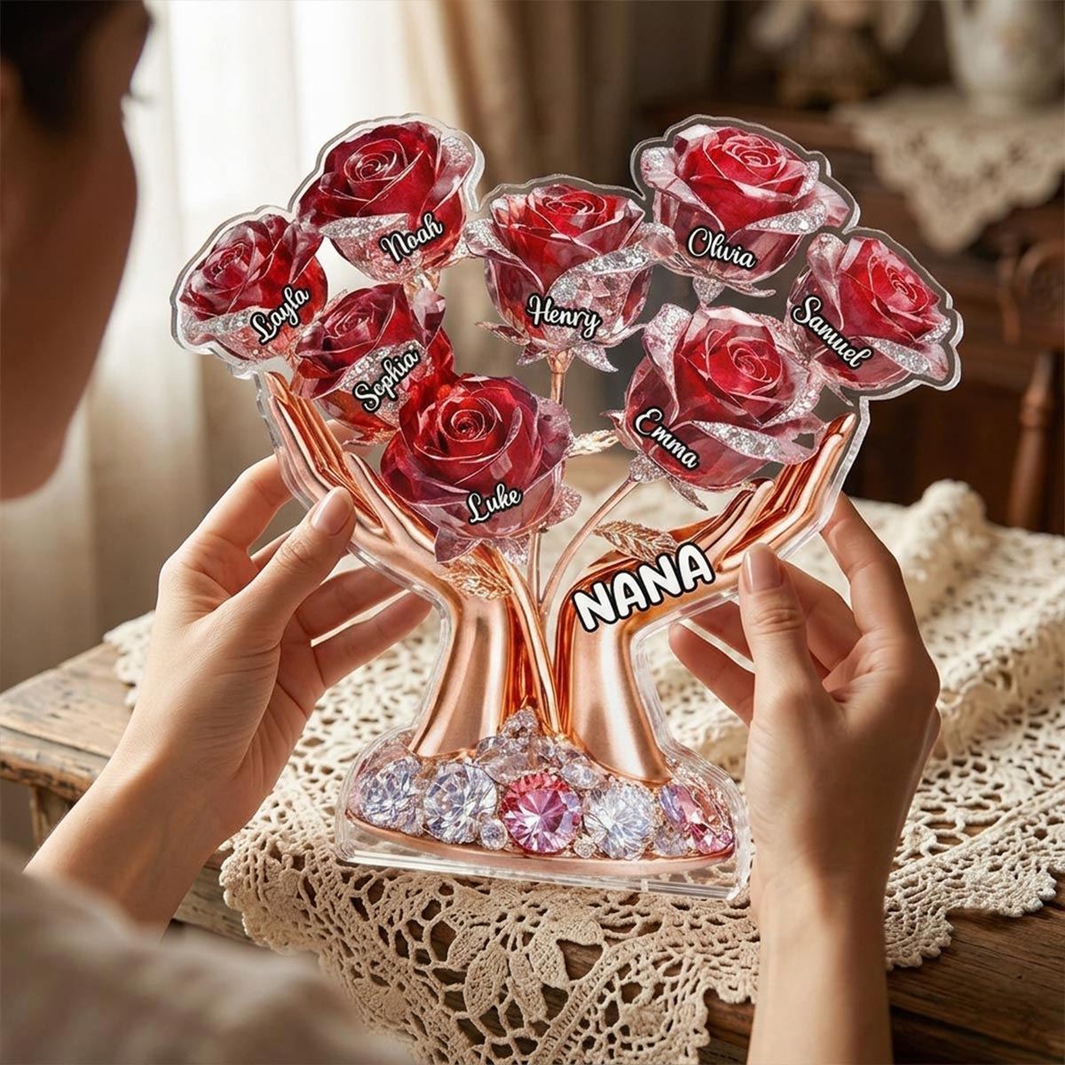Grandma Hands Roses - Personalized Acrylic Block Plaque - Mother's Day Gift For Grandma