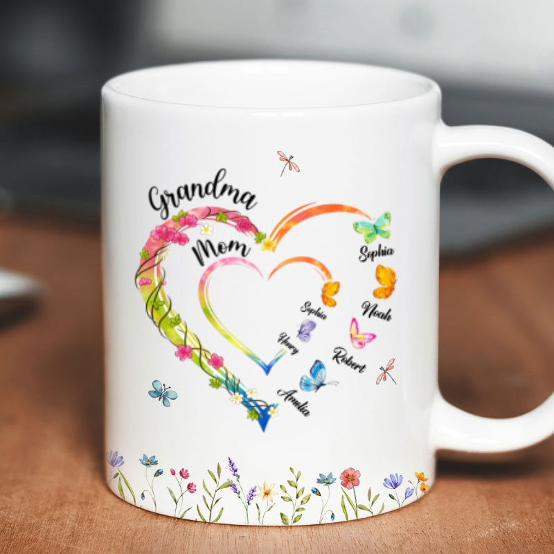 Custom Grandma Mom Flower Heart with Kids Names - Personalized Mug - Gift for Mom, Grandma
