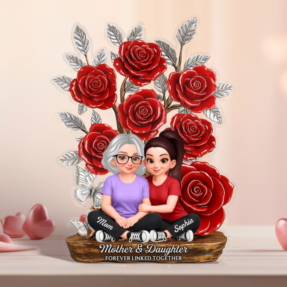 Mom And Daughter Forever Love Rose Tree - Personalized Acrylic Block Plaque - Gift For Mom