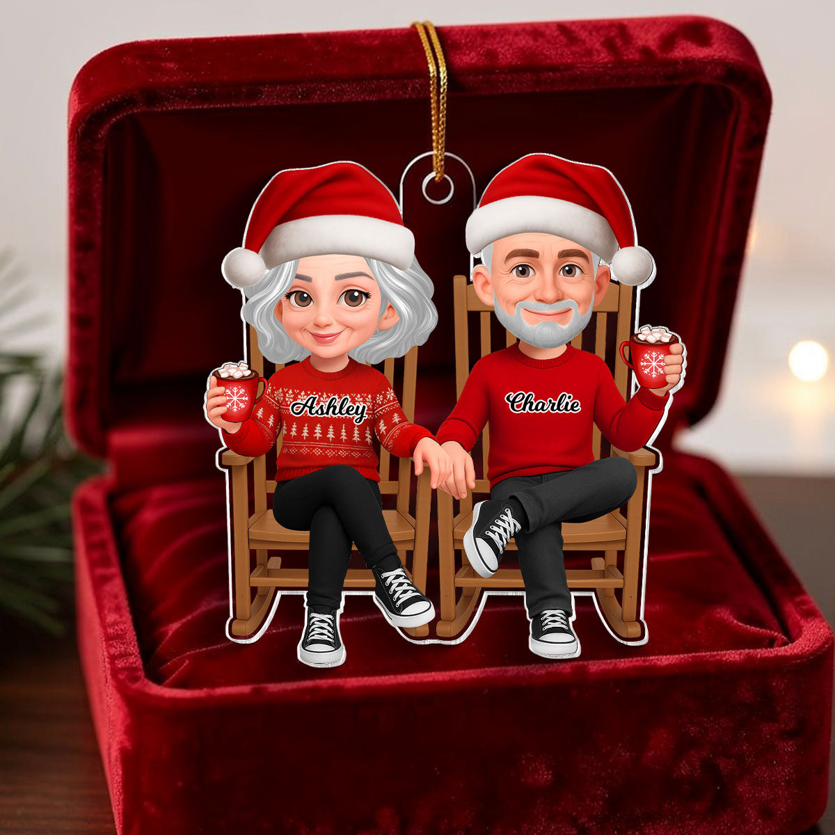 3D Effect Christmas Couple Sitting On Rocking Chair - Personalized Acrylic Ornament - Heartfelt Gift For Couple