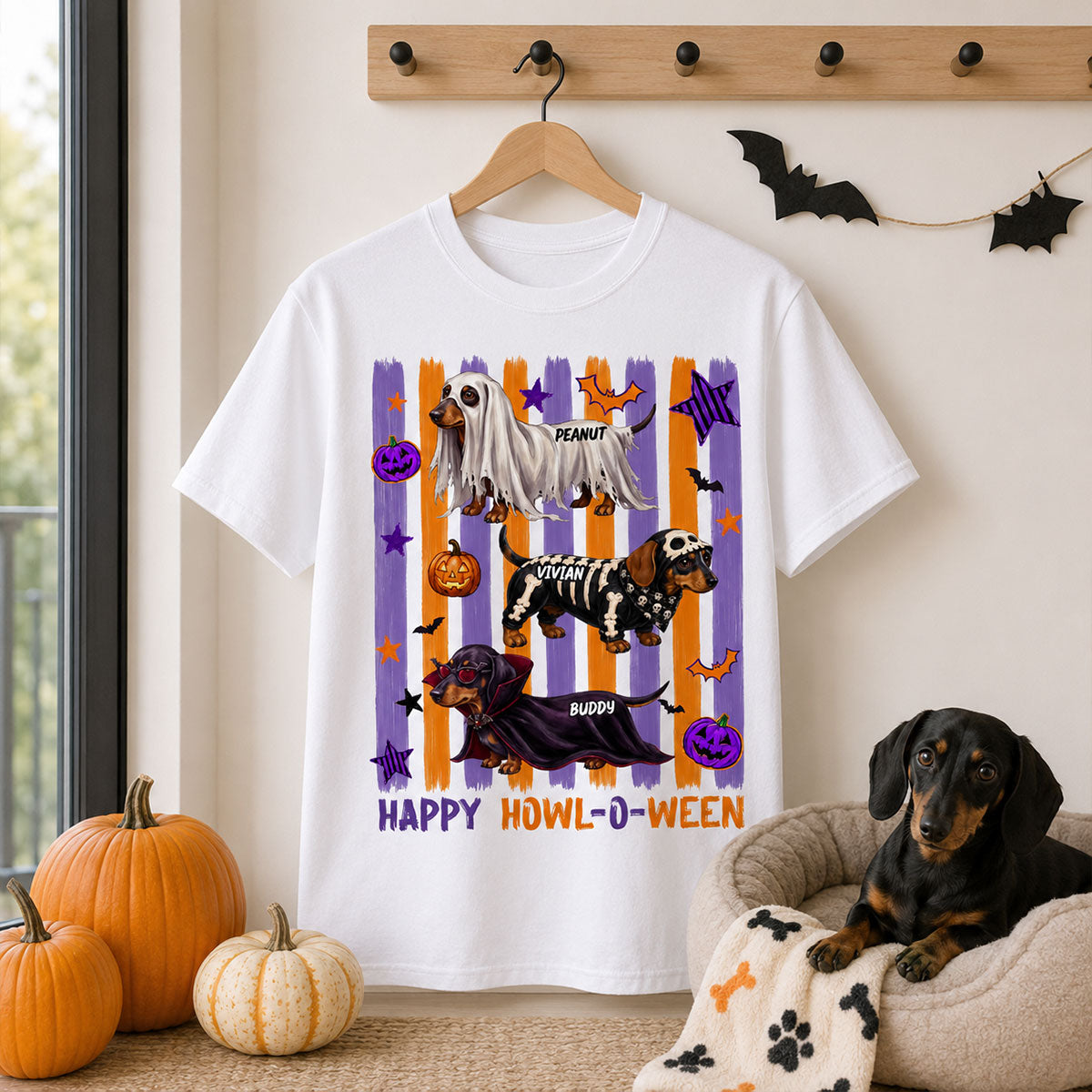Striped Halloween Dachshund Ghost - Personalized Shirt - Halloween Gift For Dog Lovers