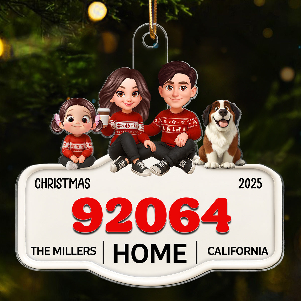 3D Effect No Place Like Home Cartoon Family Sitting Zip Code - Personalized Acrylic Ornament