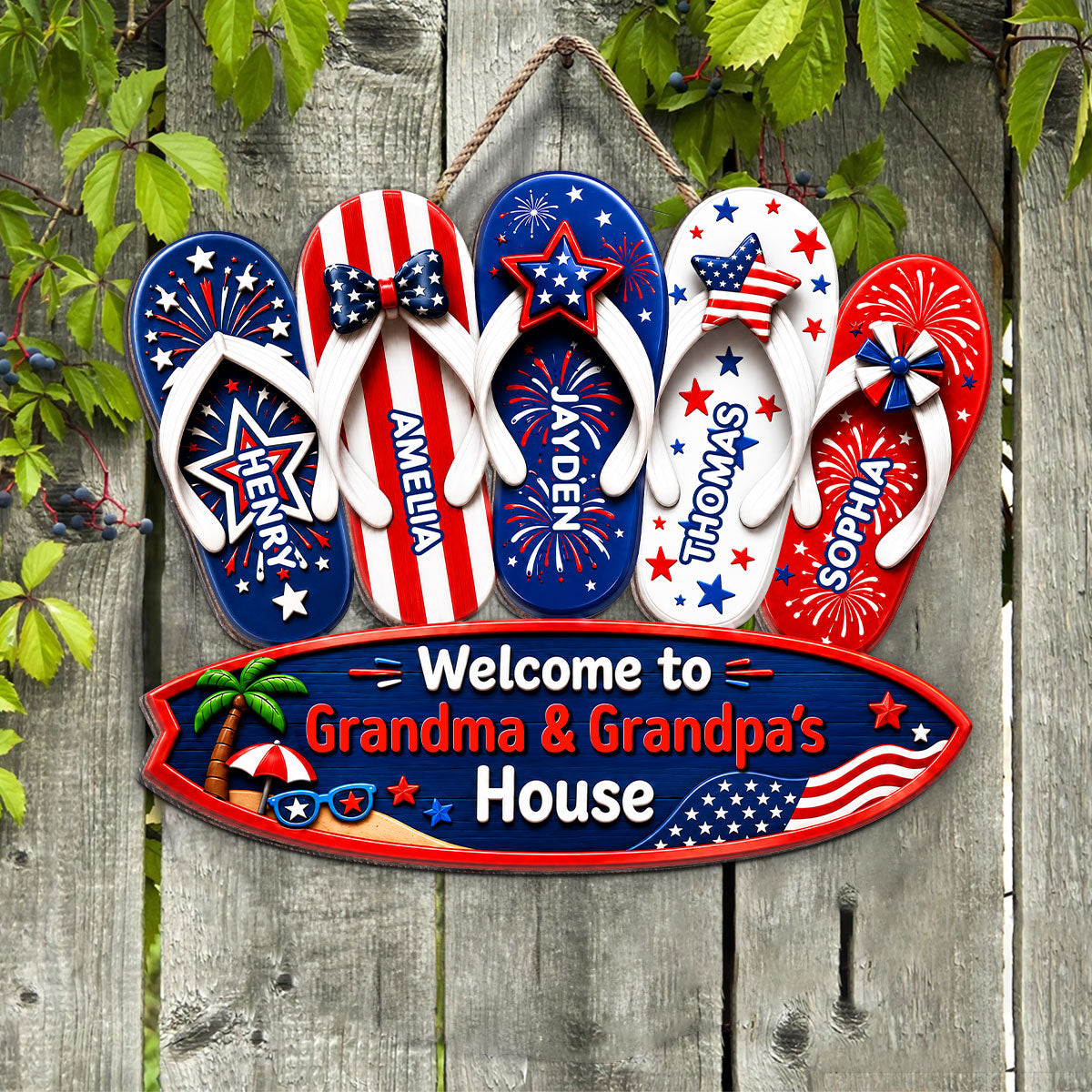 Welcome To Grandma Grandpa House Summer America 250th Anniversary - Personalized Wood Sign - Gift For Grandparents, 4th of July Decoration