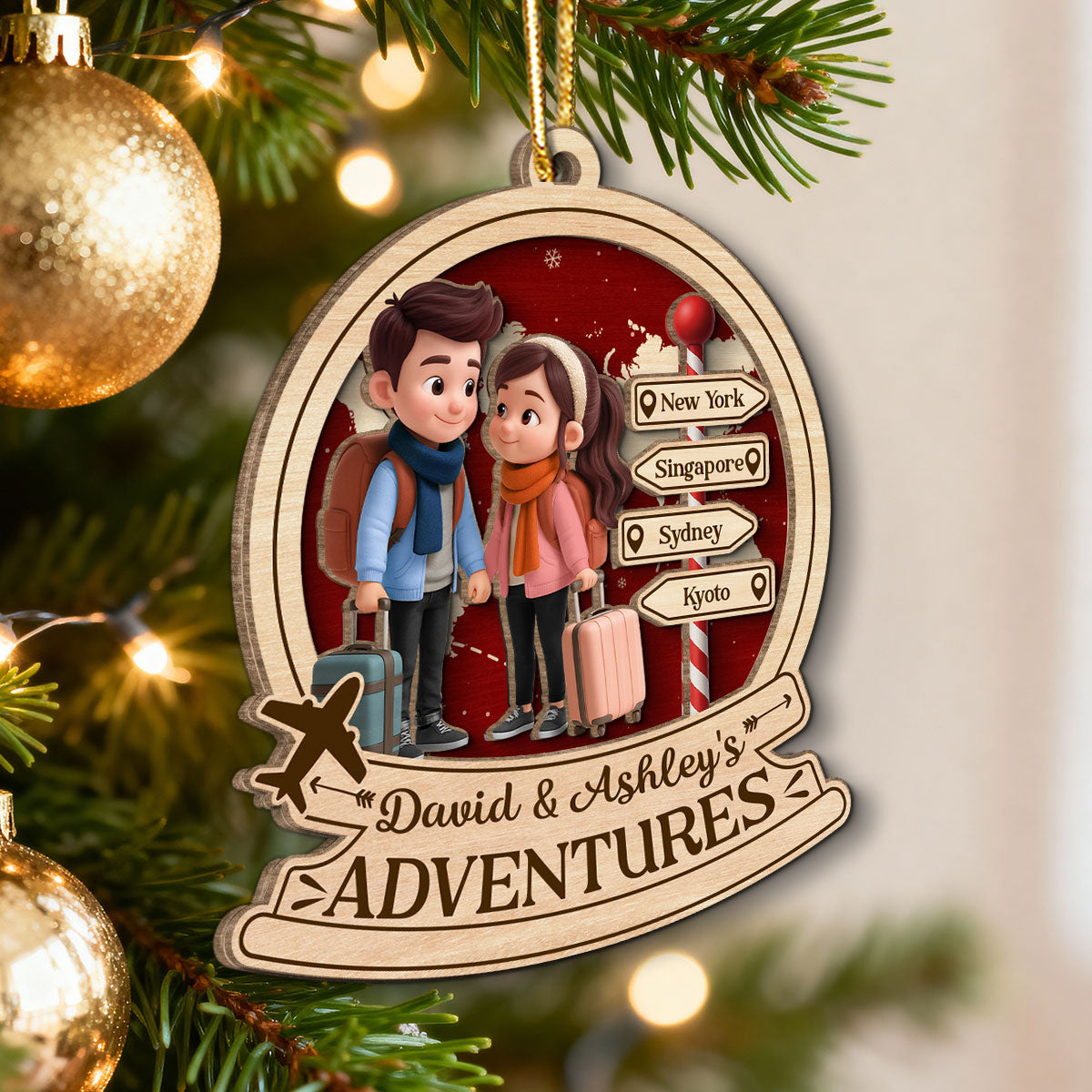 Travel Destination Ornament For Adventure Couple - Personalized Wooden Ornament - Christmas Gift For Him, For Her