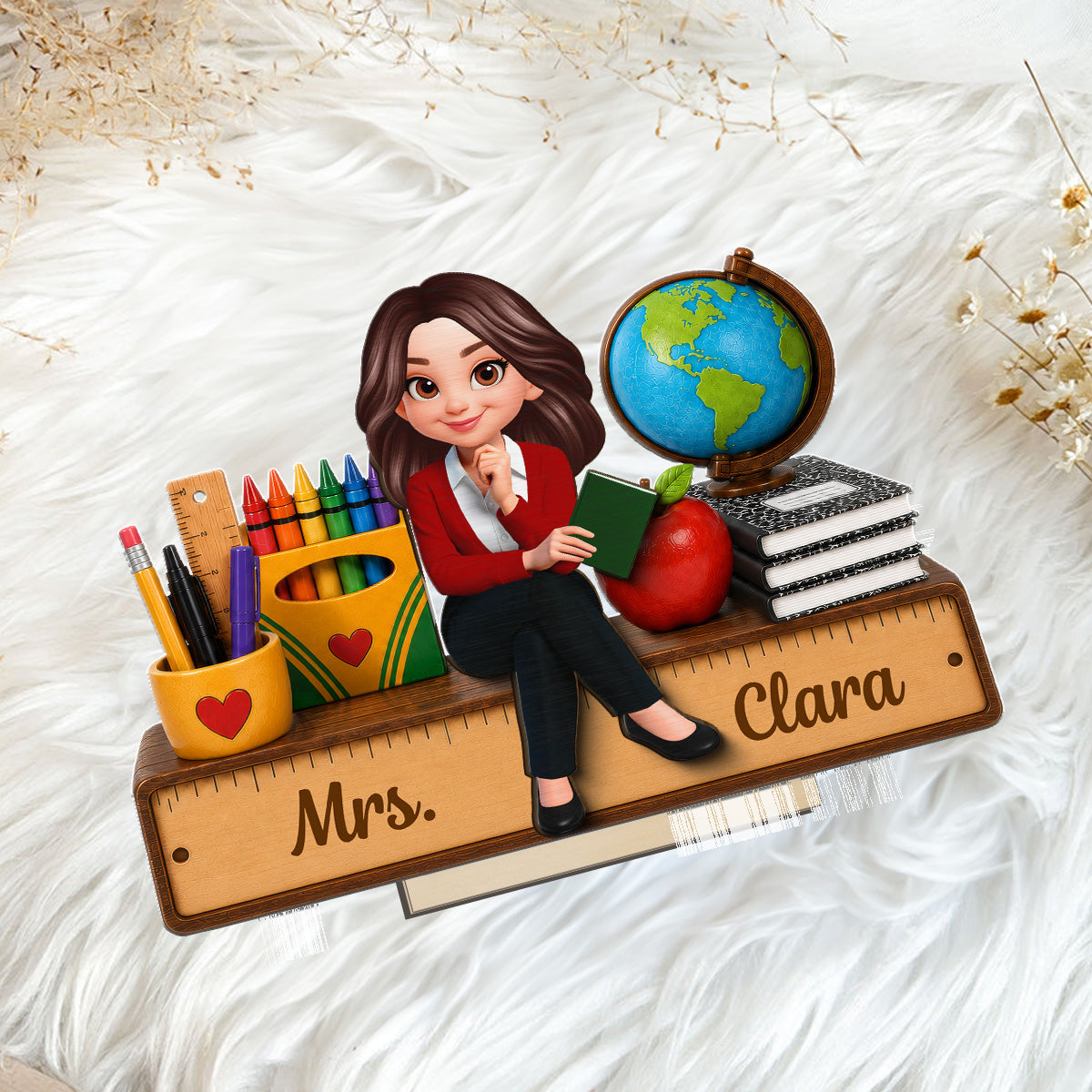 Teacher Sitting With School Supplies 2D Flat - Personalized Wooden Plaque - Back To School Gift For Teacher